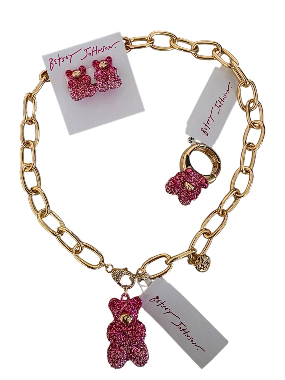 NEW Betsey Johnson Pink Crystal Gummy Teddy Bear Gold Necklace Earrings Ring Set
